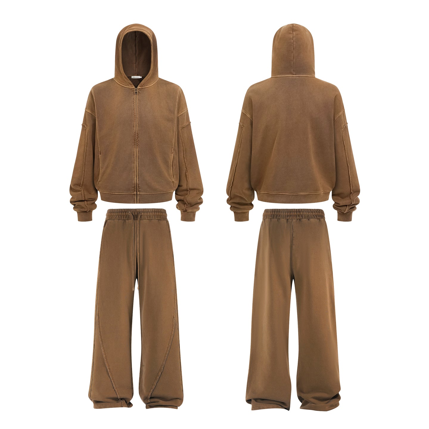 Vintage Street Asute Dye Brown Zipper Hoodies Sweatpants Set