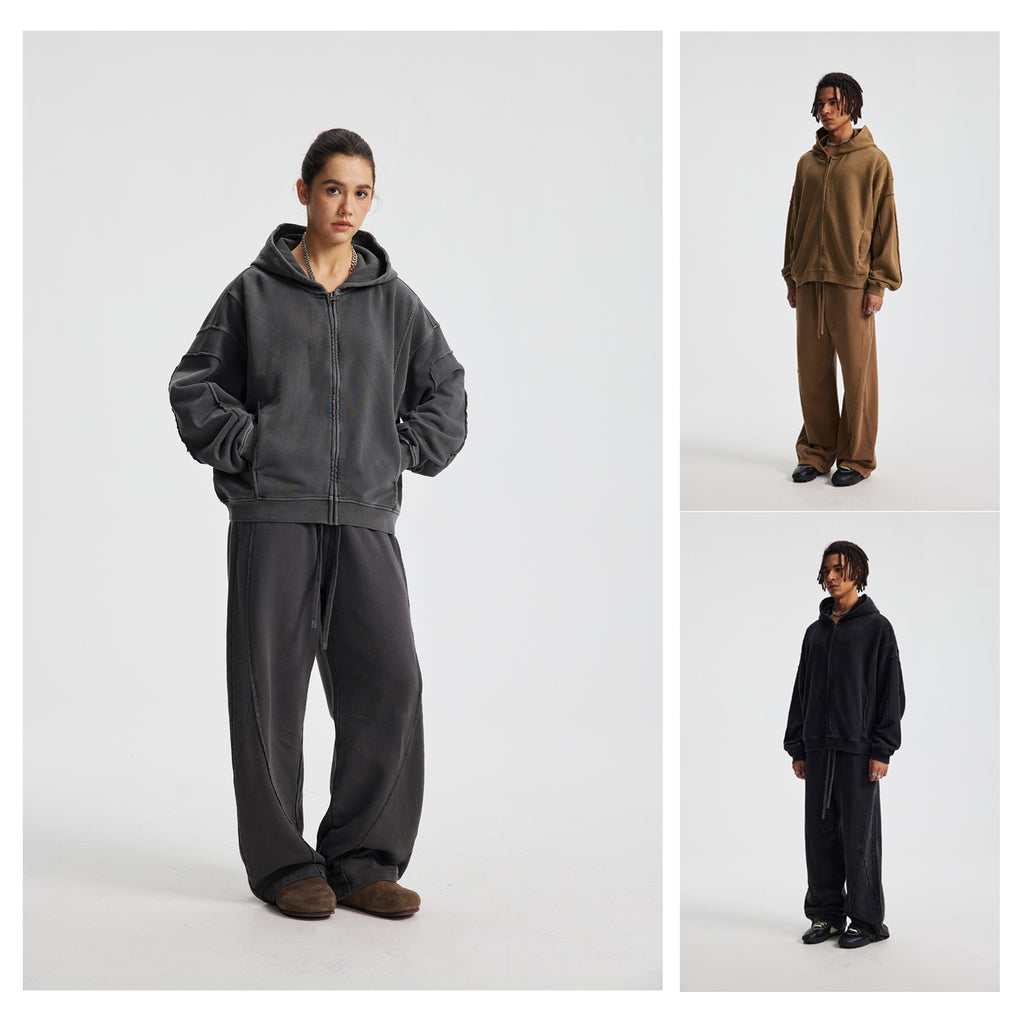 Vintage Street Asute Dye Brown Zipper Hoodies Sweatpants Set