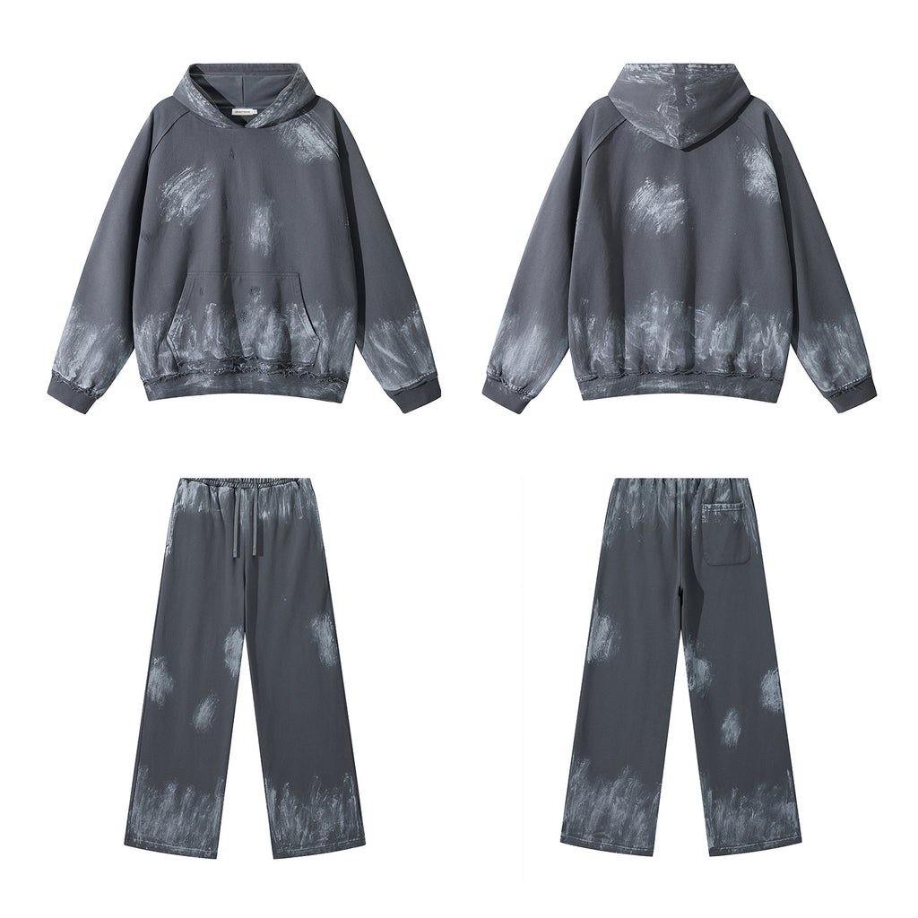 420G Vintage Destroy Paint Wash Oversize Casual Hoodies Sweatpant Set