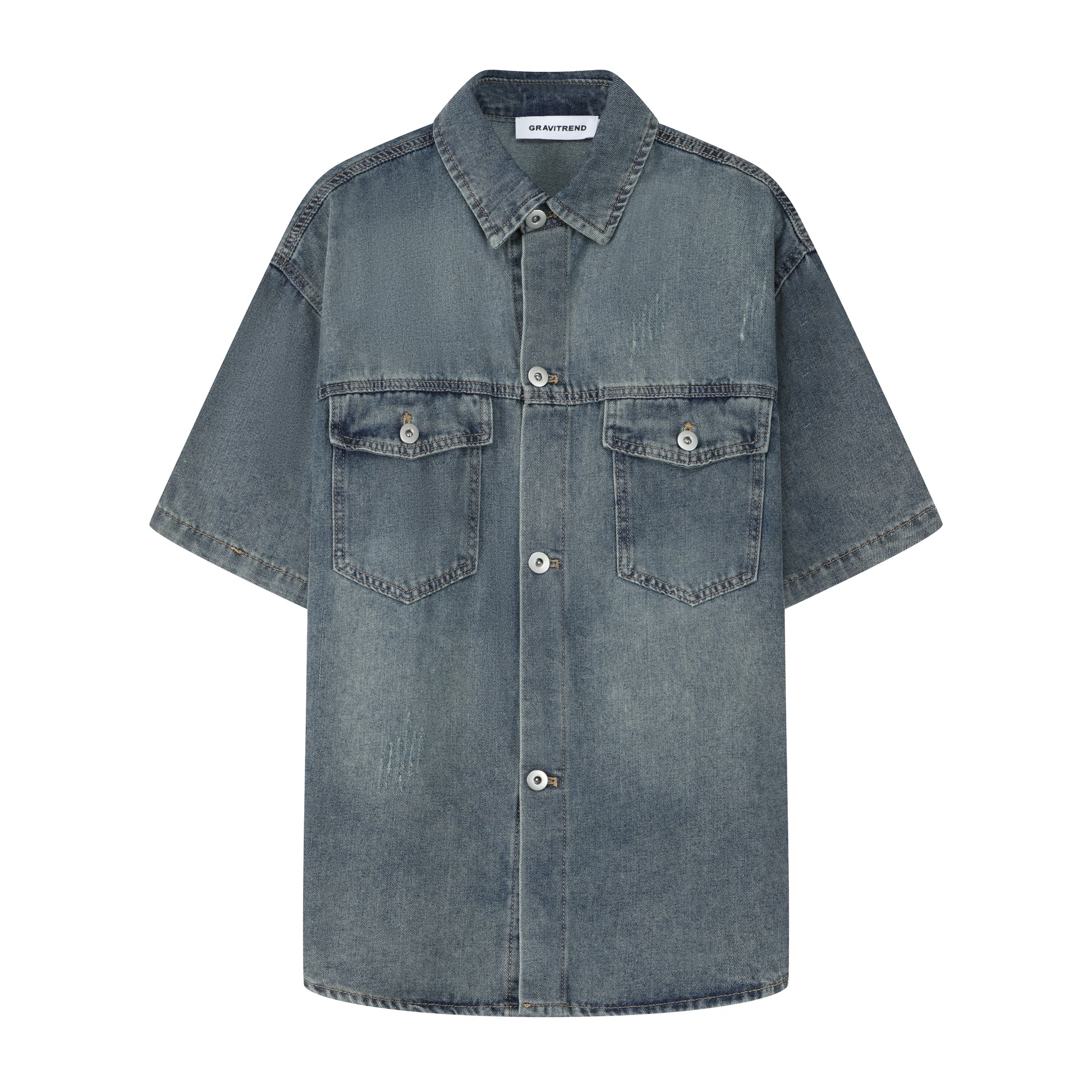 Denim Blue Hand Brush Short Sleeve Casual Shirt