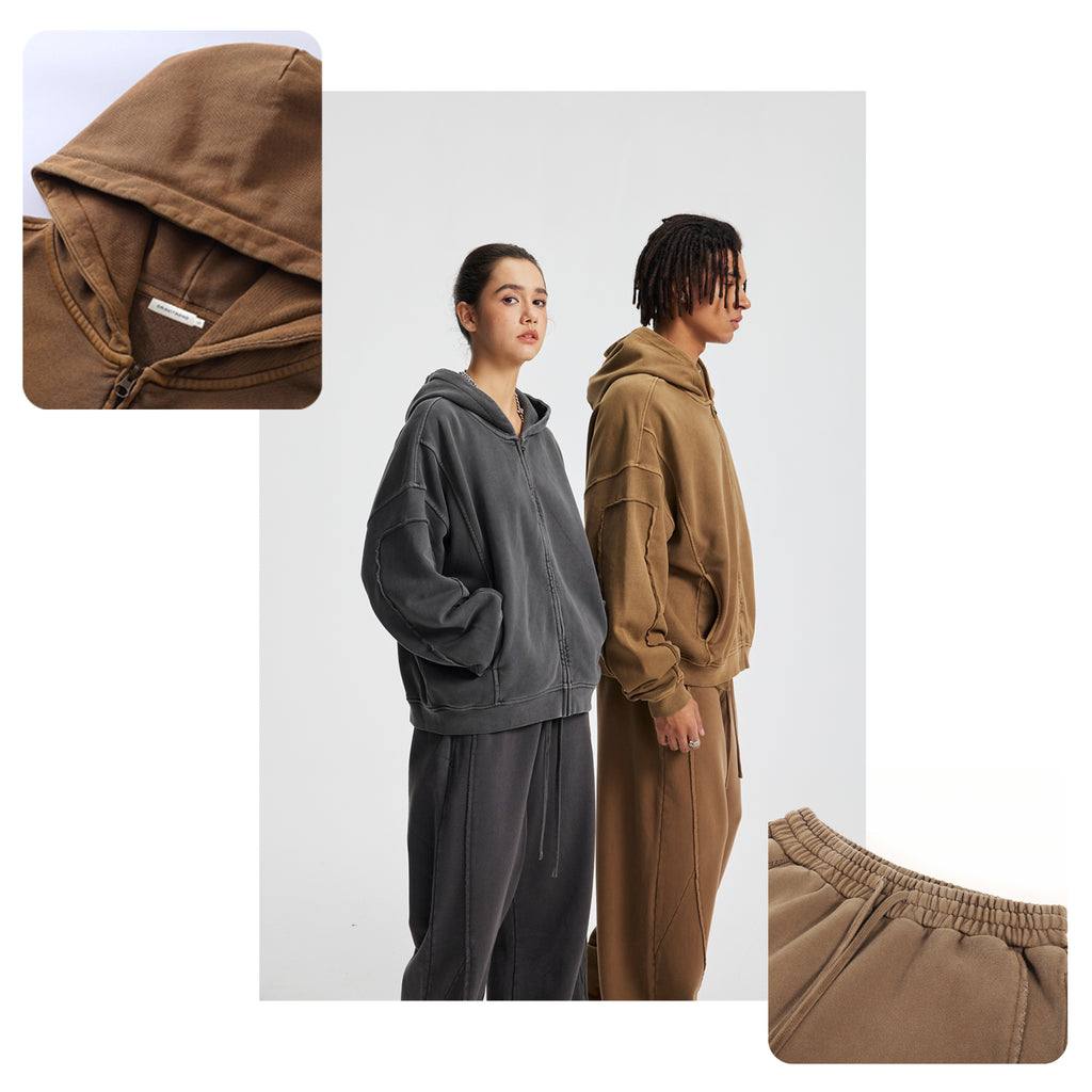 Vintage Street Asute Dye Brown Zipper Hoodies Sweatpants Set