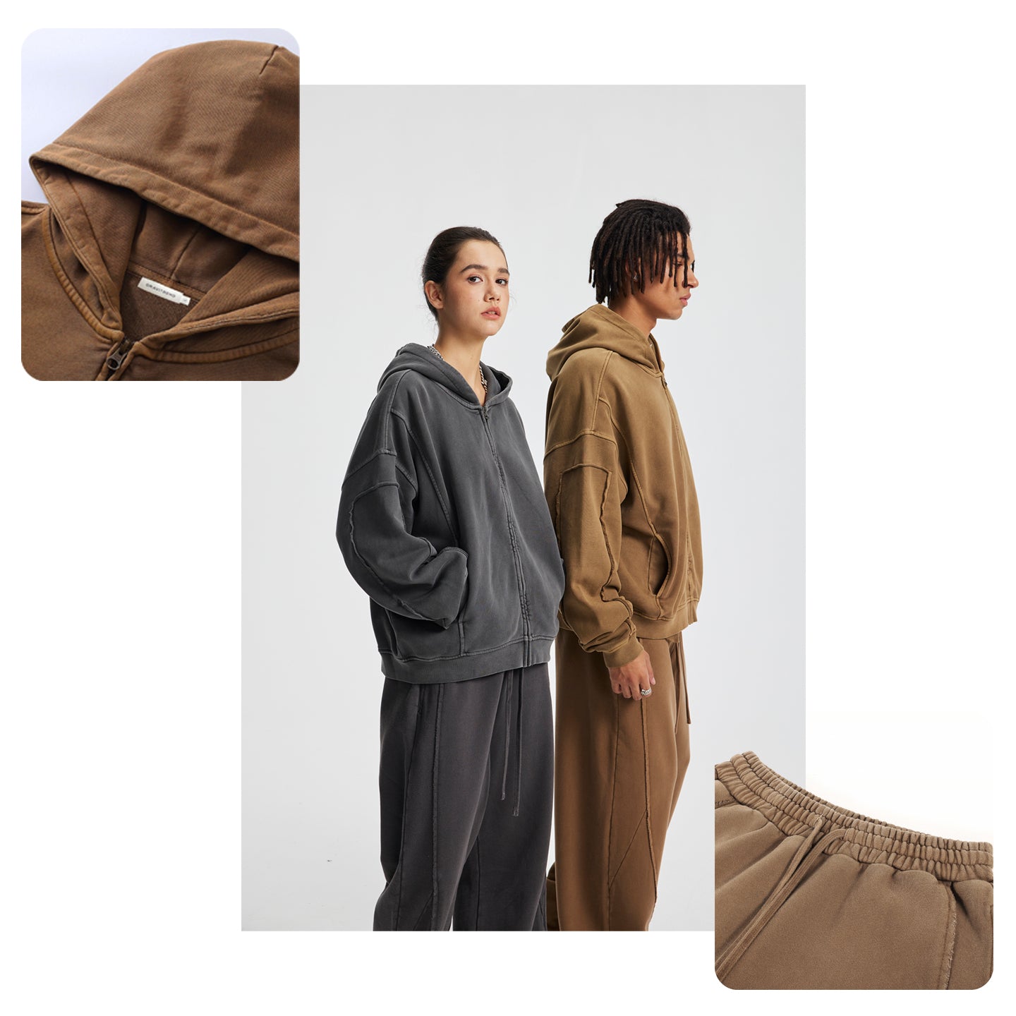 Vintage Street Asute Dye Brown Zipper Hoodies Sweatpants Set