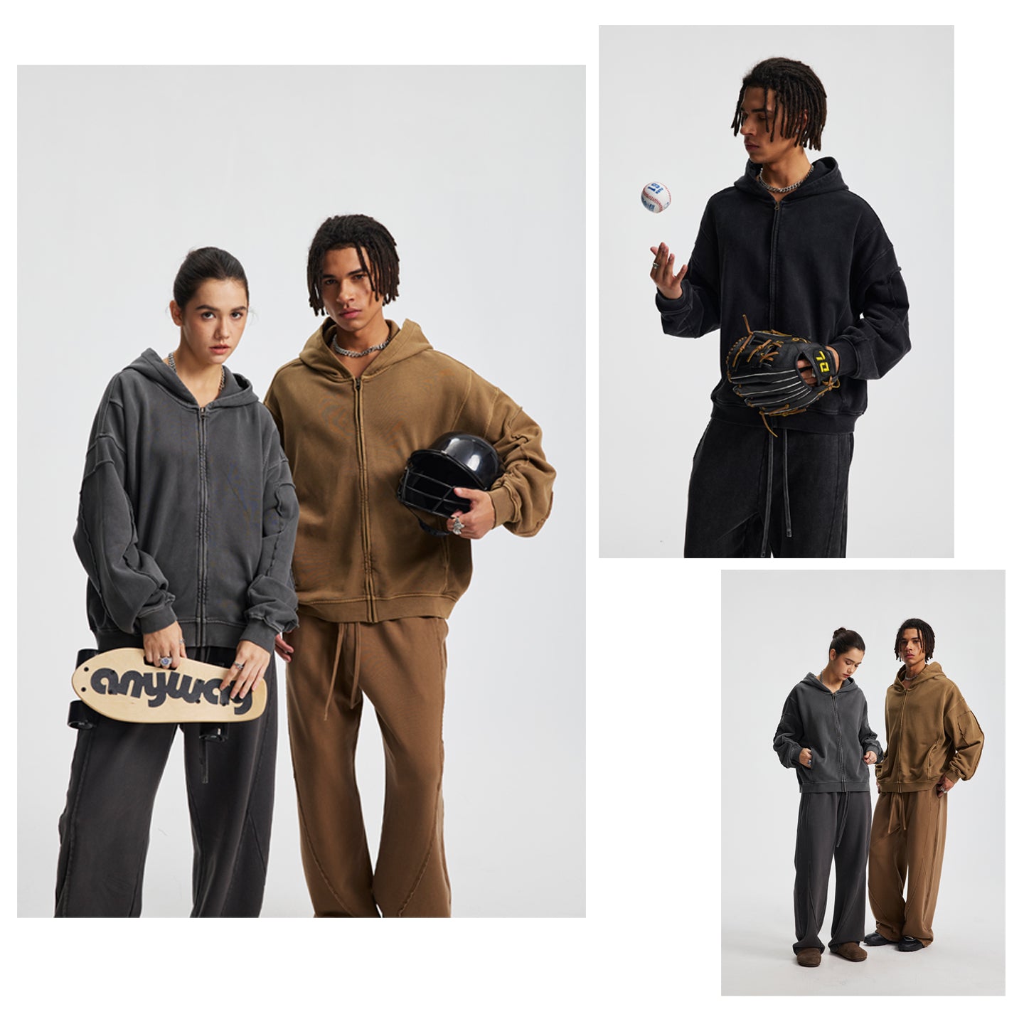 Vintage Street Asute Dye Brown Zipper Hoodies Sweatpants Set