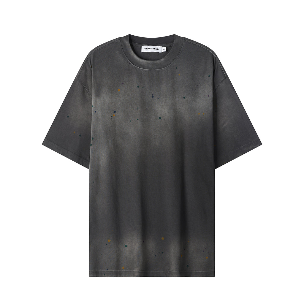 270G Charcoal Grey Distreeted Color Splatter Ink Short Sleeve T Shirt