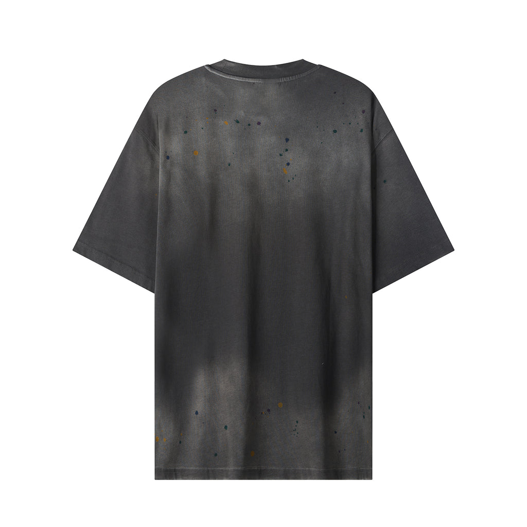 270G Charcoal Grey Distreeted Color Splatter Ink Short Sleeve T Shirt