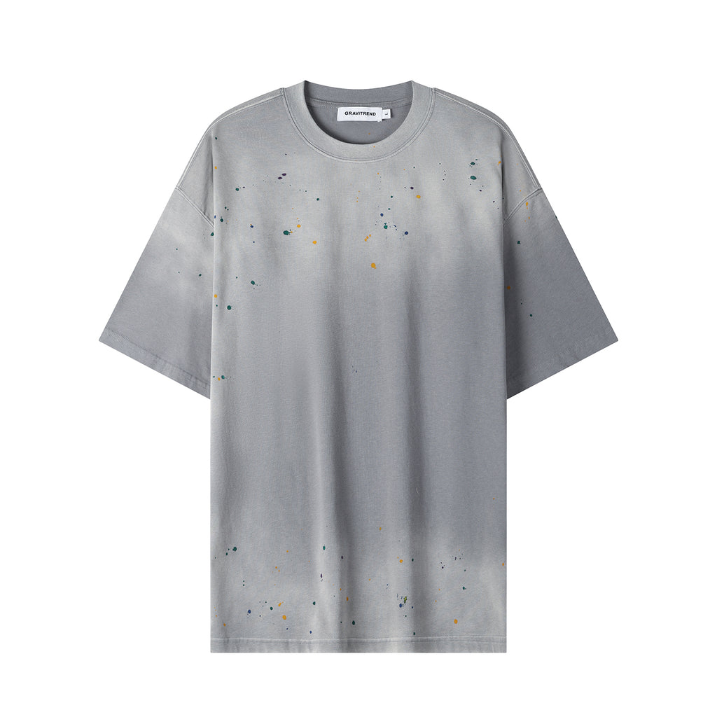 270G Light Grey Distreeted Color Splatter Ink Short Sleeve T Shirt