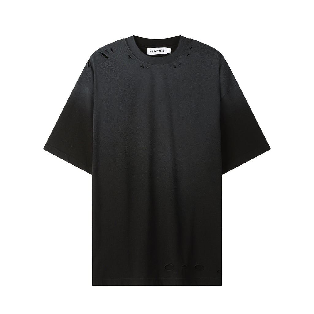 250G Black Spray Dyed Destroyed Short Sleeve T Shirts