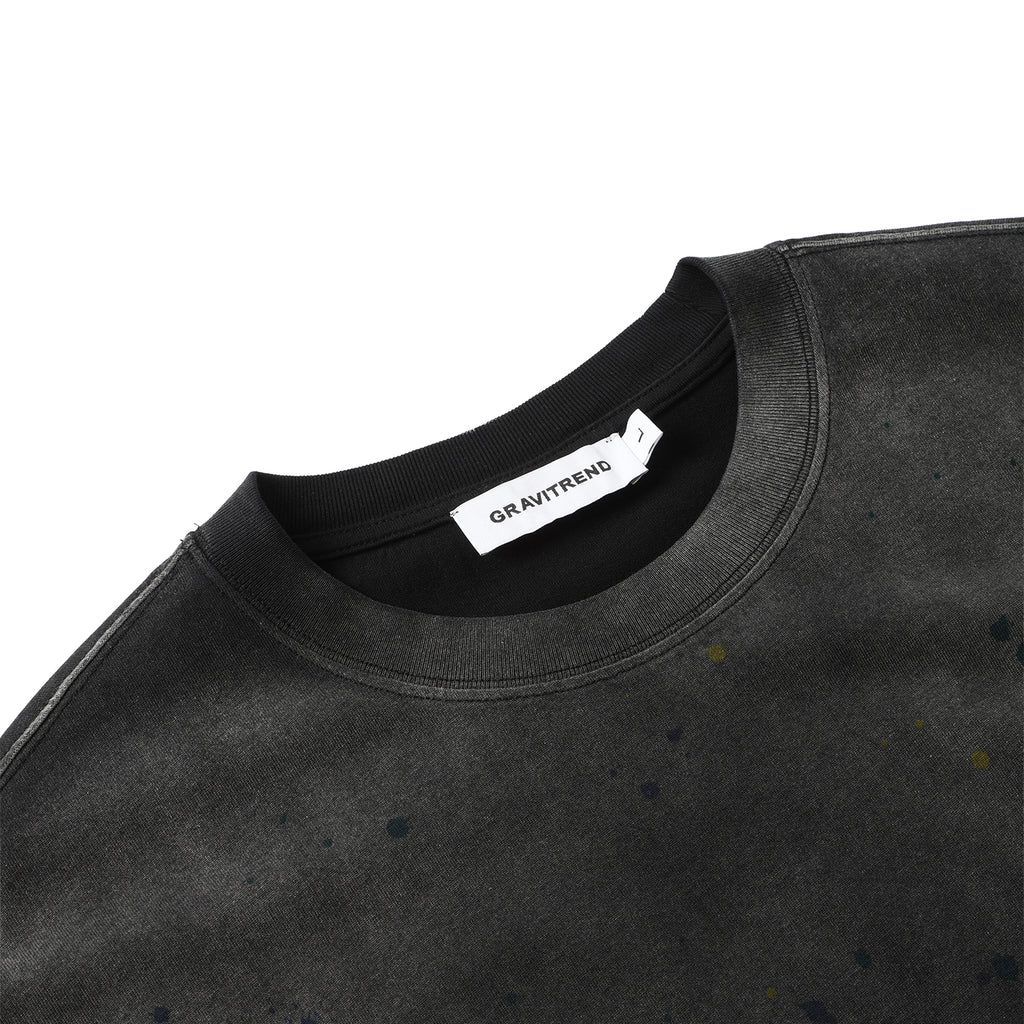 270G  Black Distreeted Color Splatter Ink Short Sleeve T Shirt