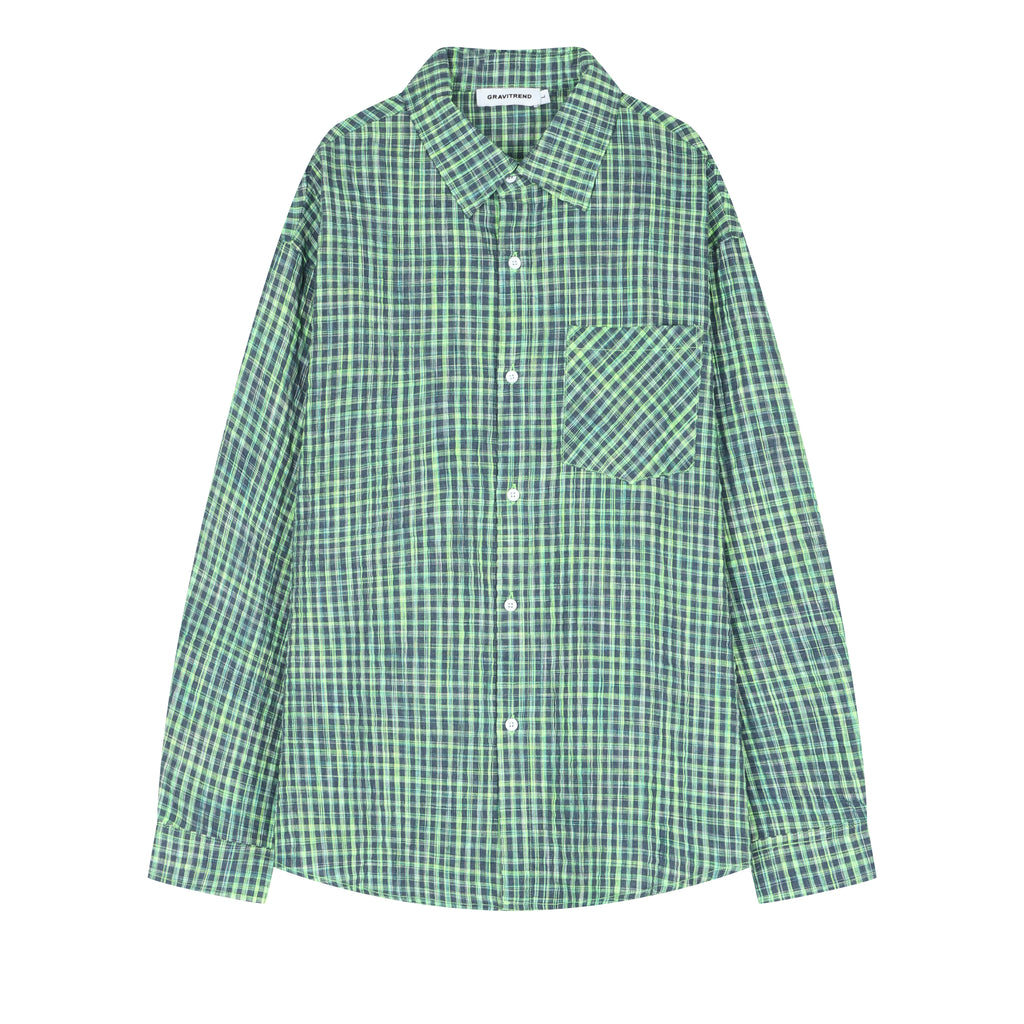 Green Small Check Lapel Collar Long Sleeve T Shirt