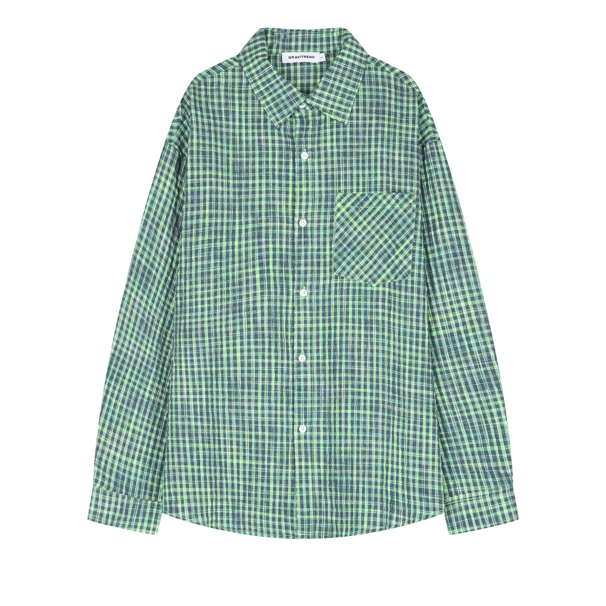 Green Small Check Lapel Collar Long Sleeve T Shirt