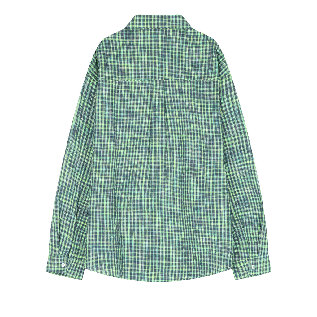 Green Small Check Lapel Collar Long Sleeve T Shirt