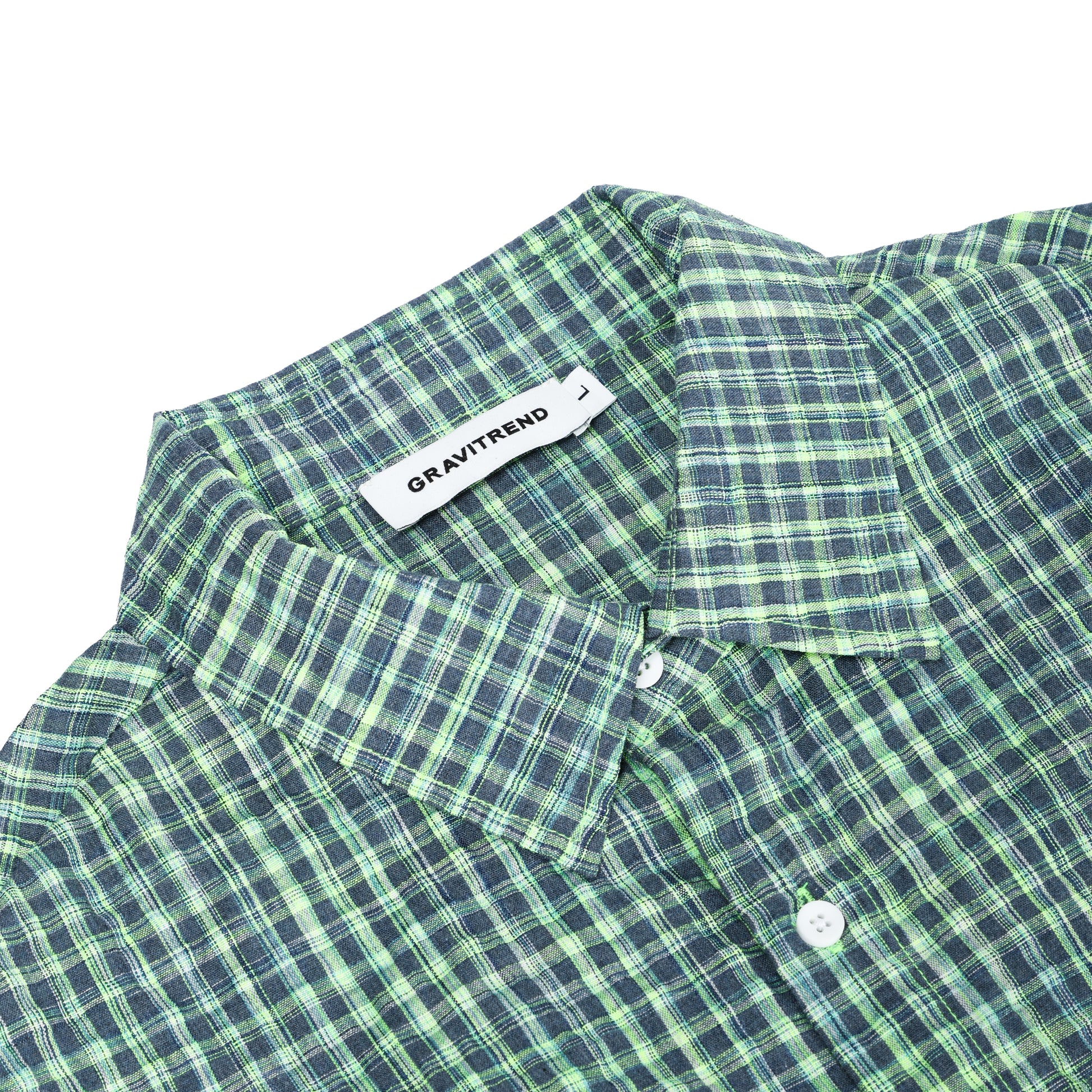 Green Small Check Lapel Collar Long Sleeve T Shirt