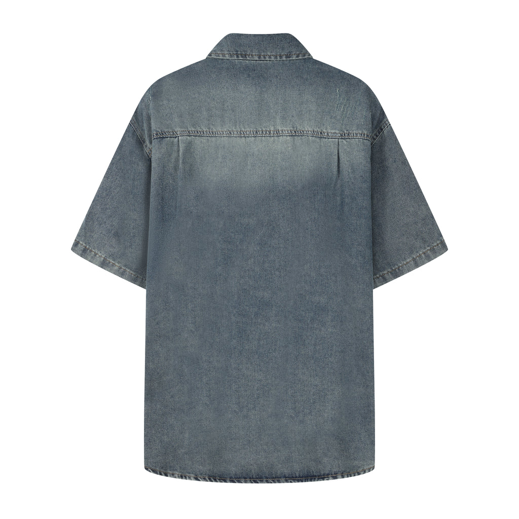 Denim Blue Hand Brush Short Sleeve Casual Shirt